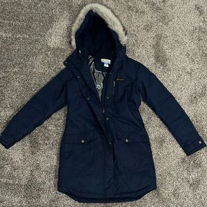 Columbia Navy Omni-Heat Parka Women’s Sz Small Fur Trim Coat w Removable Hood